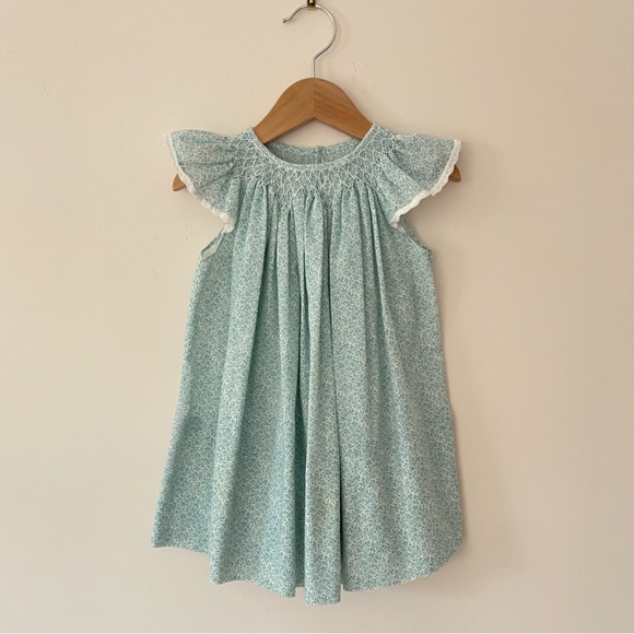 HAND SMOCKED EUC Smocked Botanical Print Flutter Sleeve Batiste Heirloom Dress